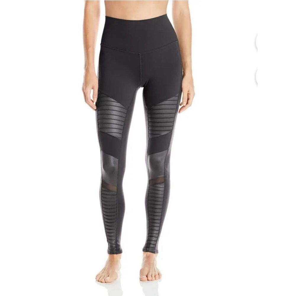 Alo Yoga Womens Flat Front High Waist Mesh Moto Panels Active Leggings Black Siz